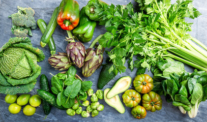 Balanced antioxidant diet. Organic green vegetable food for vegetarian and vegan diet