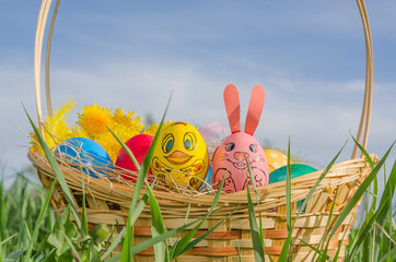 Easter card, eggs in a basket in the grass on a background of blue sky with copy space