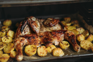 Grilled or roasted Chicken Tobacco on paper over baking sheet . Homemade freshly baked whole juicy chicken with potatoes, herbs, pepper. Selective focus, close up view. Organic country food.