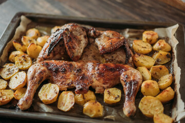 Grilled or roasted Chicken Tobacco on paper over baking sheet . Homemade freshly baked whole juicy chicken with potatoes, herbs, pepper. Selective focus, close up view. Organic country food.
