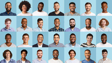 Happy men of different ages and nationalities, set of portraits