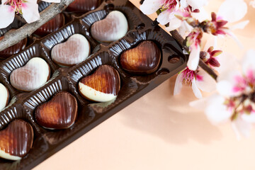 Box of heart-shaped chocolates and sakura flowers on pastel background. Dating, love, spring holiday concept.