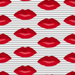 Red Lips Seamless Pattern on a gray striped background White background isolated Vector Illustration.