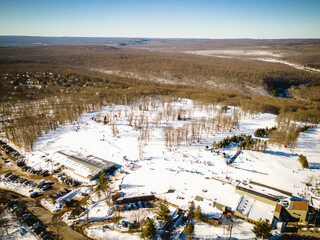 Aerial of Snow-covered Poconos Mountain