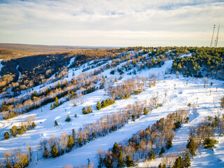 Aerial of Snow-covered Poconos Mountain