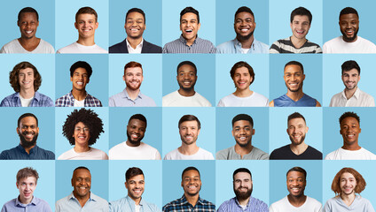 Portraits of happy multiracial men on blue