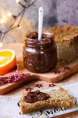 Christmas lentil roast pate on concrete background with christmas lights