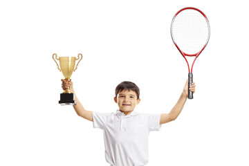 Winner in junior tennis with a trophy cup isolated on white background