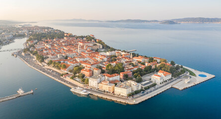 Aerial panoramic drone shot of Zadar old town peninsula in sunrise in Croatia Dalmatia