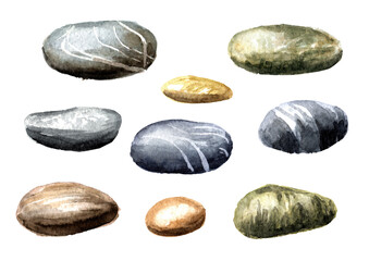 Fototapeta na wymiar Colorful sea pebbles stones set. Hand drawn watercolor illustration, isolated on white background