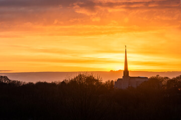 Preston England Temple, as seen from Great Knowley, near Chorley at sunset. 