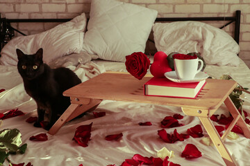 Romantic breakfast in bed, close up