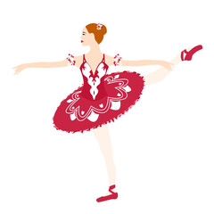 Ballerina in red tutu lacedress, pointe shoes, dancing and posing, vector ballet