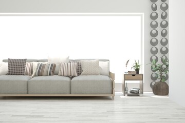 White living room with sofa. Scandinavian interior design. 3D illustration