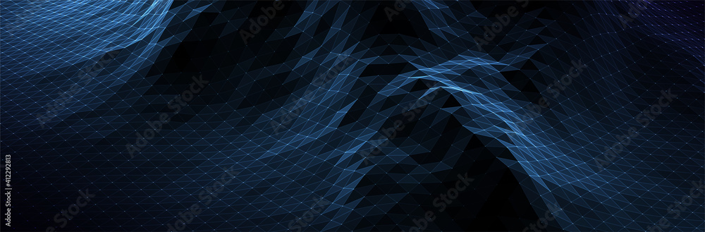 Poster abstract blue background. dark low poly triangle pattern. virtual computer landscape. technology sty
