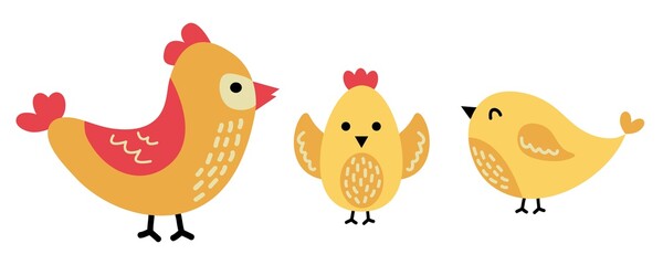 Hen with chickens on  white isolated background. Hand drawn flat cartoon elements. Vector illustration.