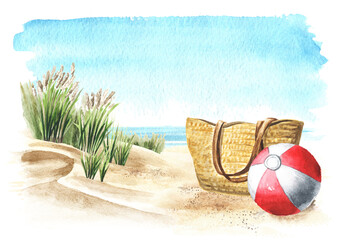 Wicker beach bag with and Beach Ball on the sand on the background of the Coastal dune. Hand drawn watercolor illustration