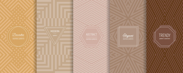 Vector abstract geometric seamless patterns collection. Set of stylish backgrounds with elegant minimal labels. Abstract modern line ornament textures. Trendy pastel color. Design for print, decor