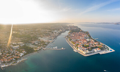 Aerial drone shot of Zadar old town peninsula harbour in sunrise in Croatia Dalmatia