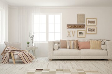 White living room with sofa. Scandinavian interior design. 3D illustration