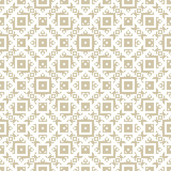 Golden vector geometric ornament in ethnic style. Abstract seamless pattern with squares, diamonds, triangles, grid, tiles. Retro vintage style. Gold and white background texture. Repeatable design