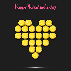 Happy Valentines Day. Tennis balls located in the form of a heart. Design pattern on the tennis theme for greeting card, logo, emblem, banner, poster, flyer, badges. Vector illustration