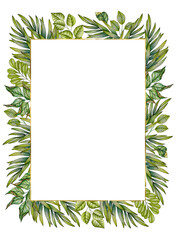 Green leaf rectangular frame with golden elements on white background