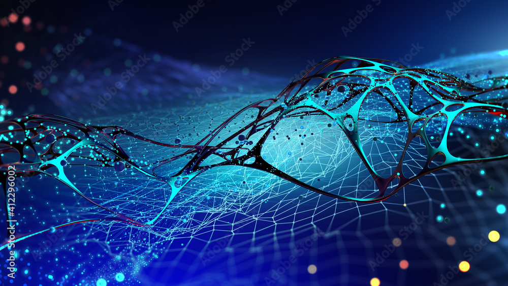 Poster Cyberspace and digital intelligence. High technology business. Artificial Neural Network. Big Data concept. Artificial intelligence in technology of future. 3D illustration