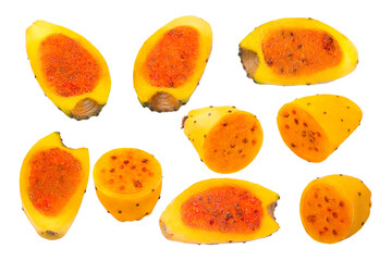 Collection of fruit. Different shapes of fresh cut prickly pears cactus isolated on white background with clipping path as package design element. Full depth of field. Healthy food concept.