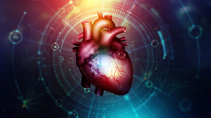 Human heart. Digital technologies in medicine and scientific research of body. 3D modeling in transplantology of internal organs. 3d illustration