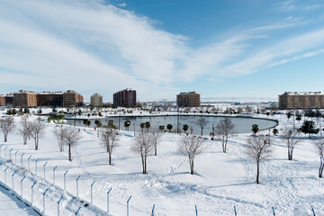 snowy view of maria Audena park with lake in clear day, Quiñon, Toledo, Spain