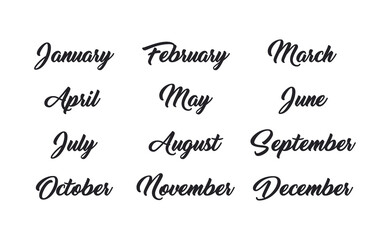 Handwritten names of months: December, January, February, March, April, May, June, July, August, September, October, November. Calligraphy words for calendars and organizers.