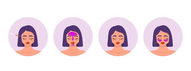 Cosmetology procedure set beauty injection, plastic surgery, lip fillers, hyaluronic acid, eye patches, face mask. Collection of girls in beauty industry. Vector illustration.