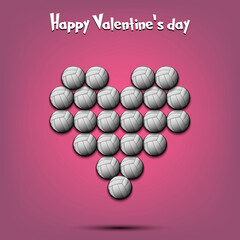 Happy Valentines Day. Volleyball balls located in the form of a heart. Design pattern on the volleyball theme for greeting card, logo, emblem, banner, poster, flyer, badges. Vector illustration