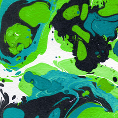 Obraz premium Colorful marble ink texture on watercolor paper background. Marble stone image. Bath bomb effect. Psychedelic biomorphic art.