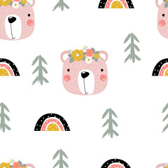 Seamless pattern with cute pink bear, rainbow and Christmas trees on white background. Vector illustration for printing on clothing, packaging paper, postcards, posters, banners. Cute baby background