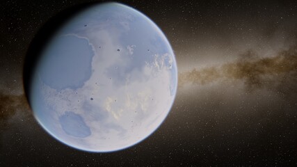 super-earth planet, realistic exoplanet, planet suitable for colonization, earth-like planet in far space, planets background 3d render