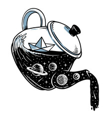 Paper boat in a teapot of the universe illustration © gunaonedesign
