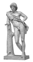 Ancient white marble full length sculpture of naked young man. Antique classic statue of youngster...