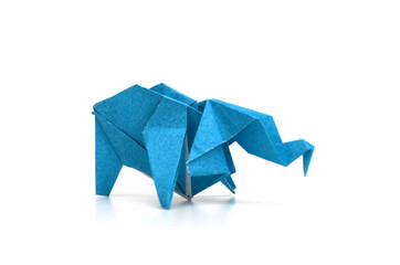 Blue elephant of origami. Isolated on white background