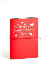 Happy valentines day, valentines day red notebook with written note and scattered hearts