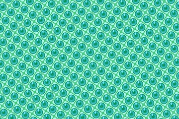 Ornament from squares, circles and other geometric elements of small size in green and blue shades, background for paper and textiles