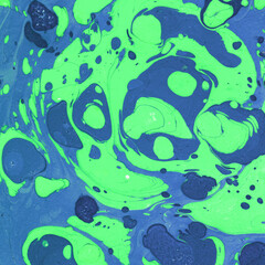 Fototapeta premium Colorful marble ink texture on watercolor paper background. Marble stone image. Bath bomb effect. Psychedelic biomorphic art.