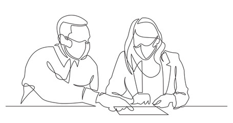 continuous line drawing of man instructing woman on work place wearing face masks