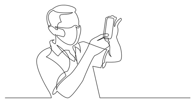 continuous line drawing of man making photo with smartphone wearing face mask