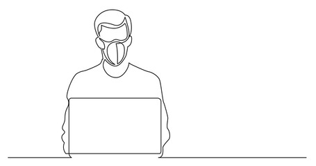 continuous line drawing of man wearing face mask sitting with laptop computer