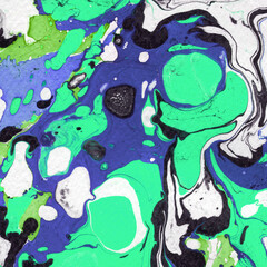 Colorful marble ink texture on watercolor paper background. Marble stone image. Bath bomb effect. Psychedelic biomorphic art.