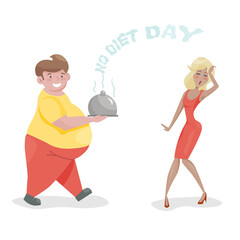 International No Diet Day Vector Illustration. a fat man carries food on a tray. a thin woman faints from the smell of food.