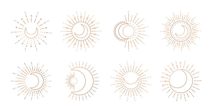 Sun and moon line art logo. Boho ray sun, mystic moon tattoo