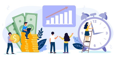 Times is money Concept save time Money saving Financial investments in stock market future income growth Tiny people characters working together with clock vector illustration сoncept